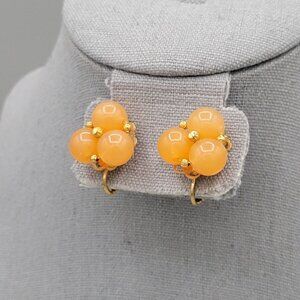 Hobe Vintage Triple Beaded Earrings Clip On Orange Gold Tone Signed